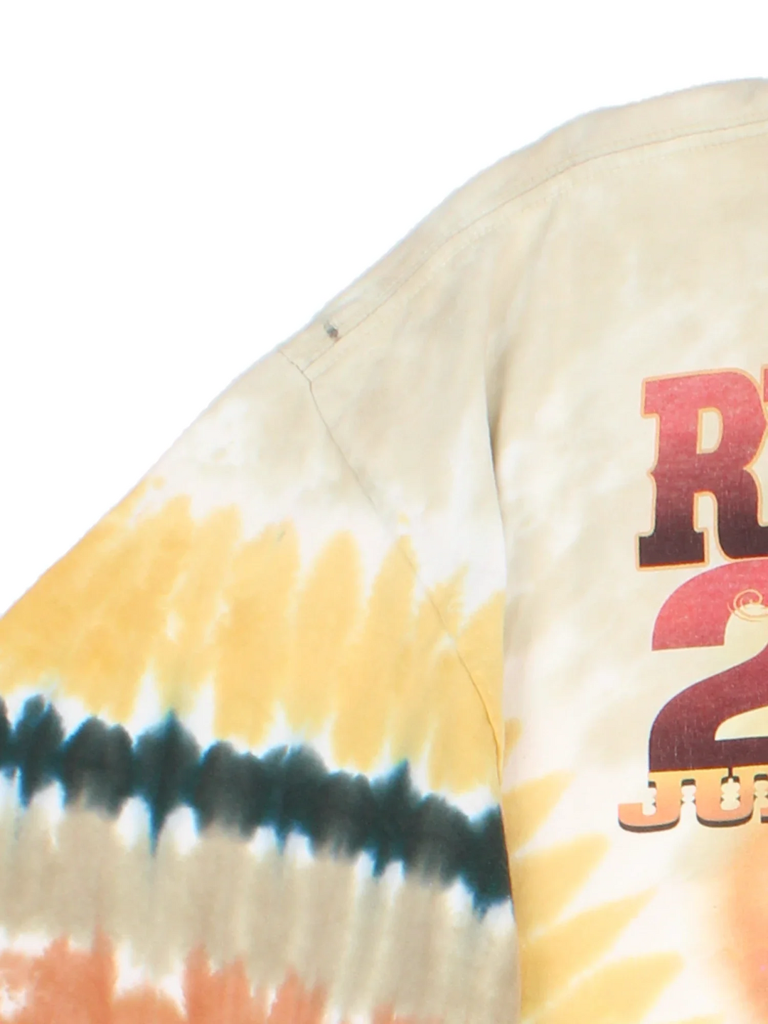 Vintage 2004 The Grateful Dead Red Rocks Tour T-Shirt in a yellow tie dye colourway, with graphic printed on the front and back.