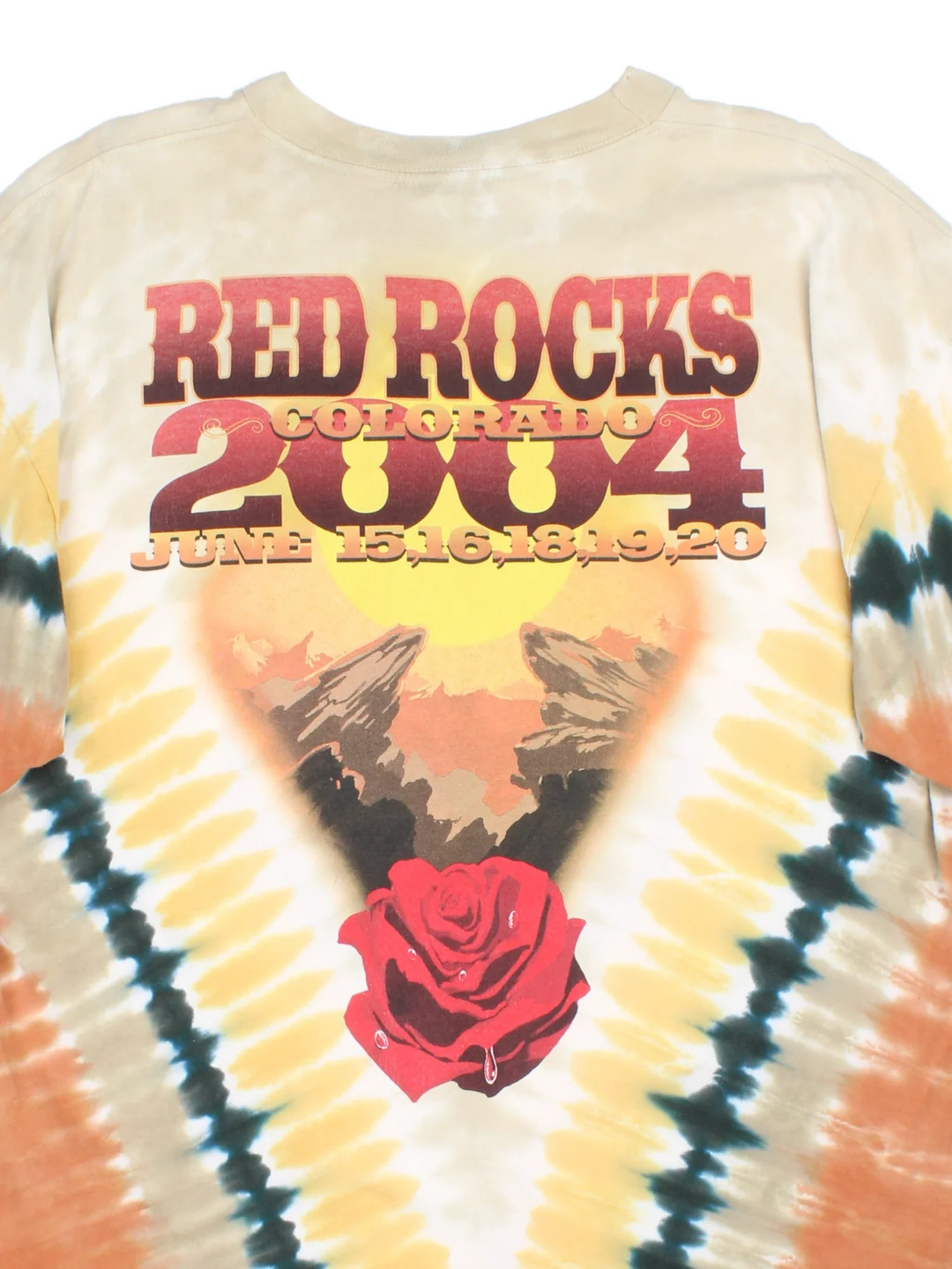 Vintage 2004 The Grateful Dead Red Rocks Tour T-Shirt in a yellow tie dye colourway, with graphic printed on the front and back.