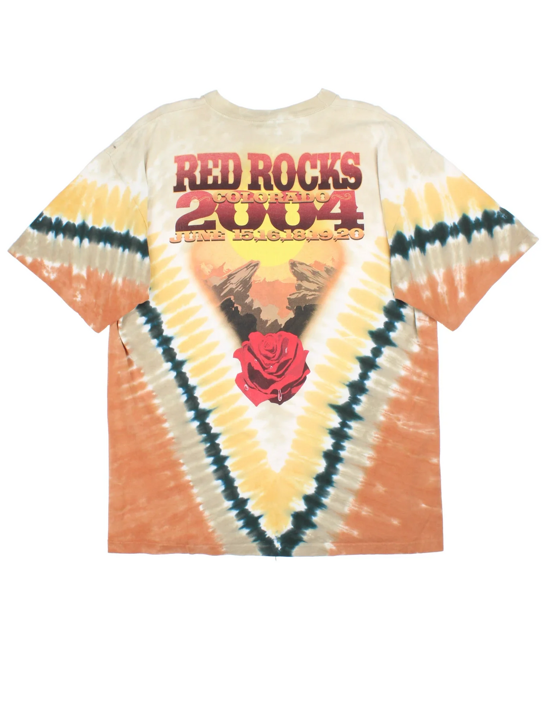 Vintage 2004 The Grateful Dead Red Rocks Tour T-Shirt in a yellow tie dye colourway, with graphic printed on the front and back.