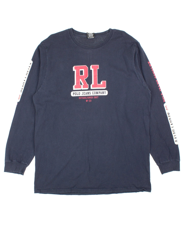 Ralph Lauren 67 Polo Jeans Long Sleeve T-Shirt in a blue colourway, with printed logos on the front/sleeves.