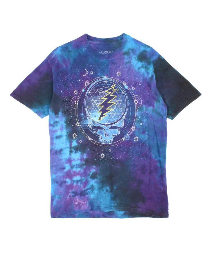 Vintage The Grateful Dead Mystical Stealie Celestial Tie Dye T-Shirt in a blue colourway, with printed logo on the front.