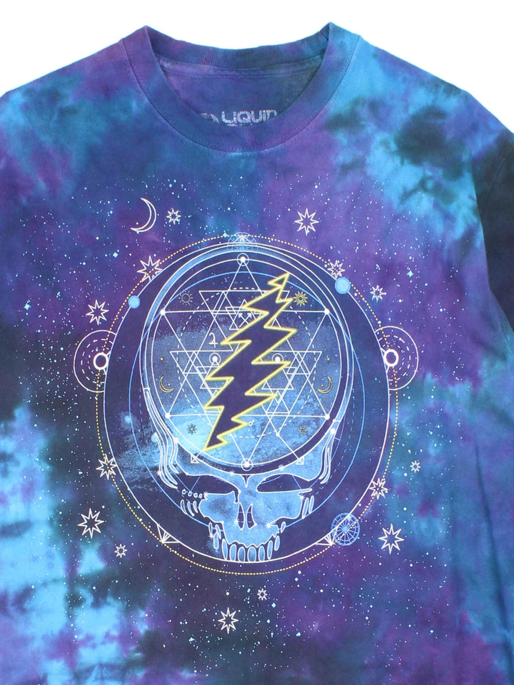 Vintage The Grateful Dead Mystical Stealie Celestial Tie Dye T-Shirt in a blue colourway, with printed logo on the front.