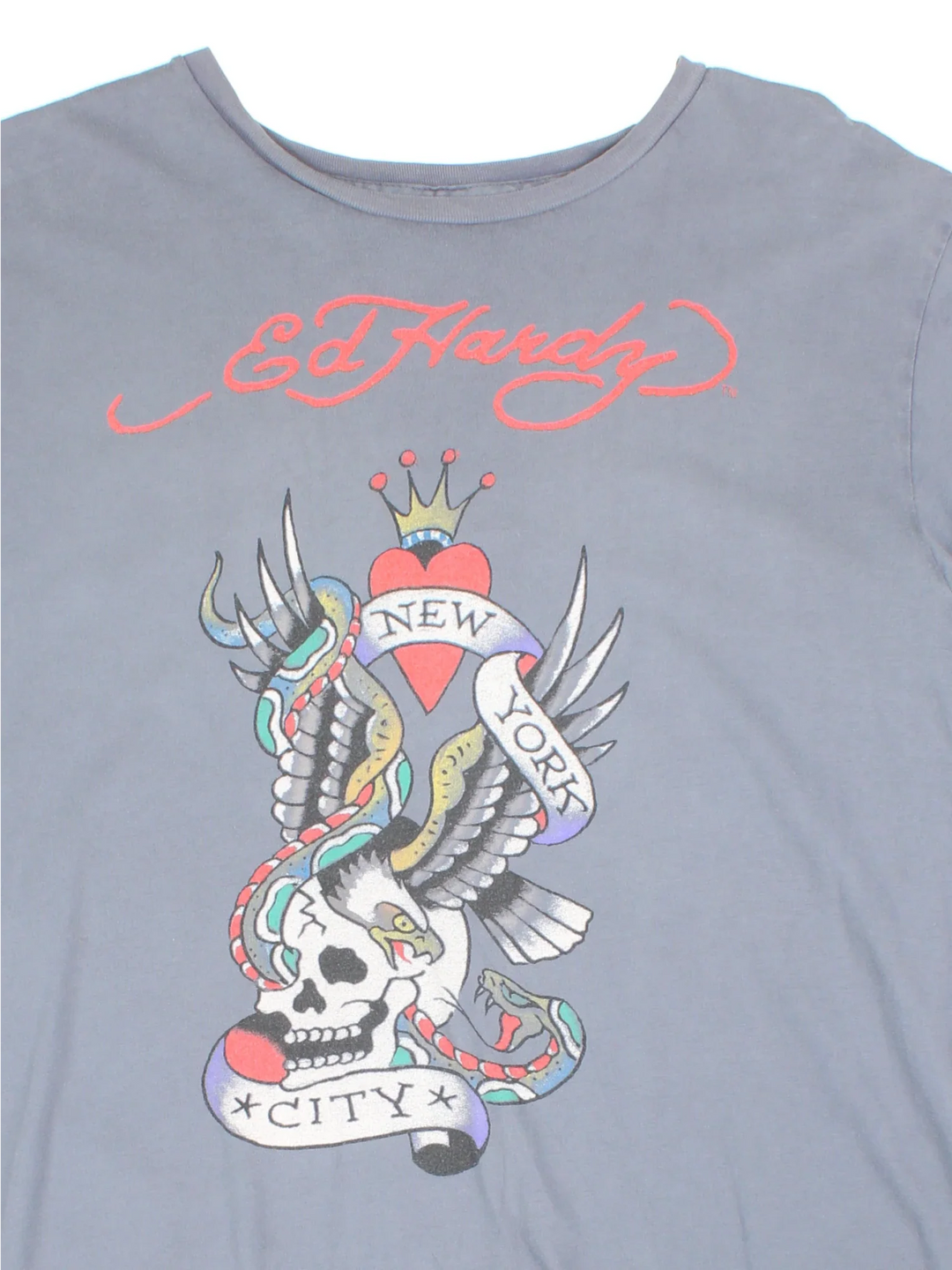 Y2K Ed Hardy New York City T-Shirt in a grey colourway, with branding printed on the front/back.