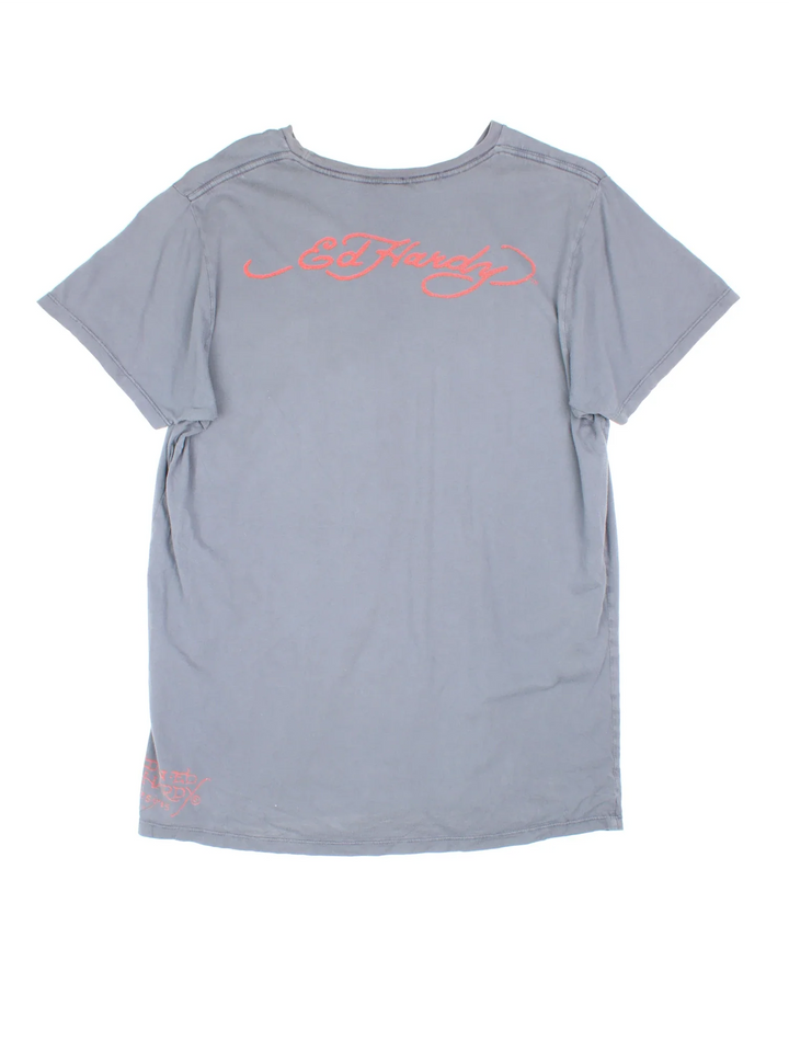 Y2K Ed Hardy New York City T-Shirt in a grey colourway, with branding printed on the front/back.
