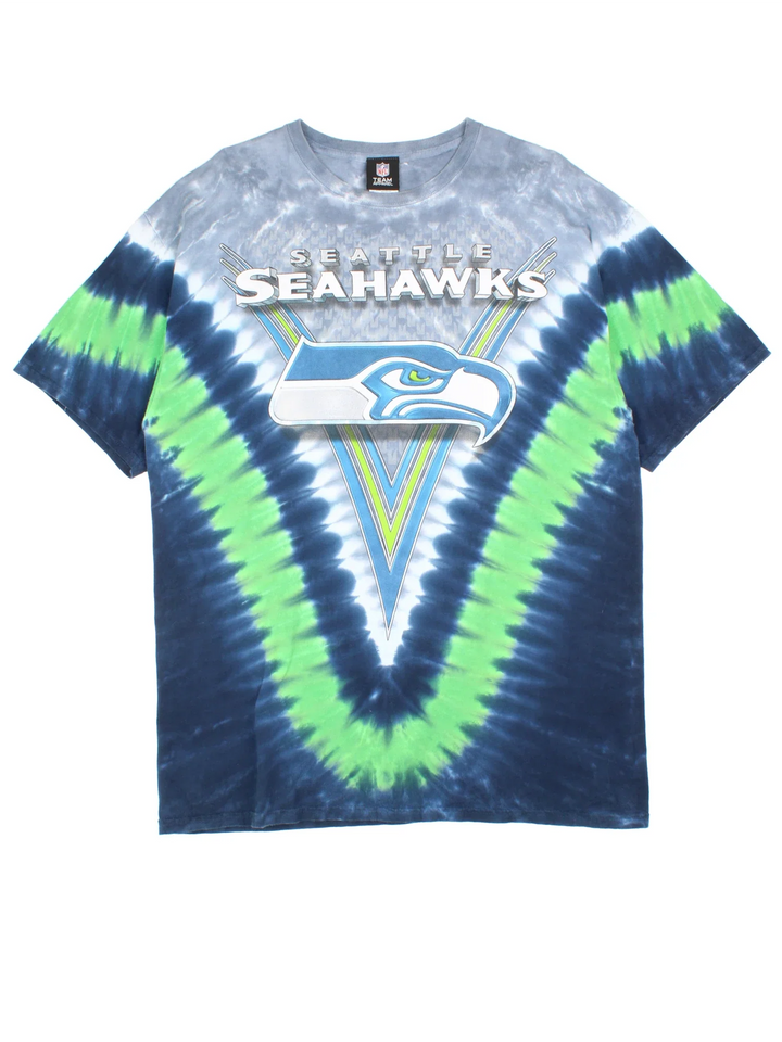 NFL Seattle Sea Hawks T-Shirt in a blue/green tie dye colourway, with printed logo on the front and back.