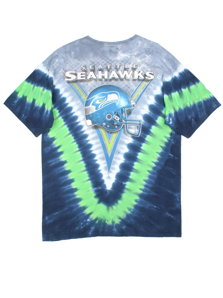 NFL Seattle Sea Hawks T-Shirt in a blue/green tie dye colourway, with printed logo on the front and back.