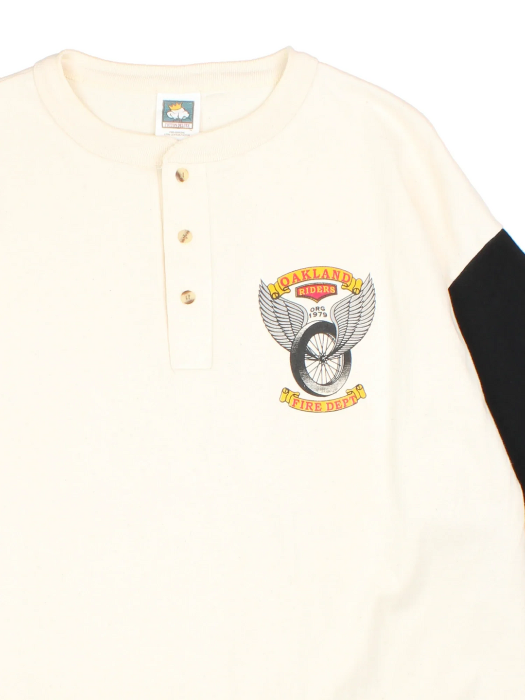 Vintage Oakland Riders Fire Dept T-Shirt in a tan colourway with black panelling sleeves and button up front. Small printed logo on the front and large graphic on the back.