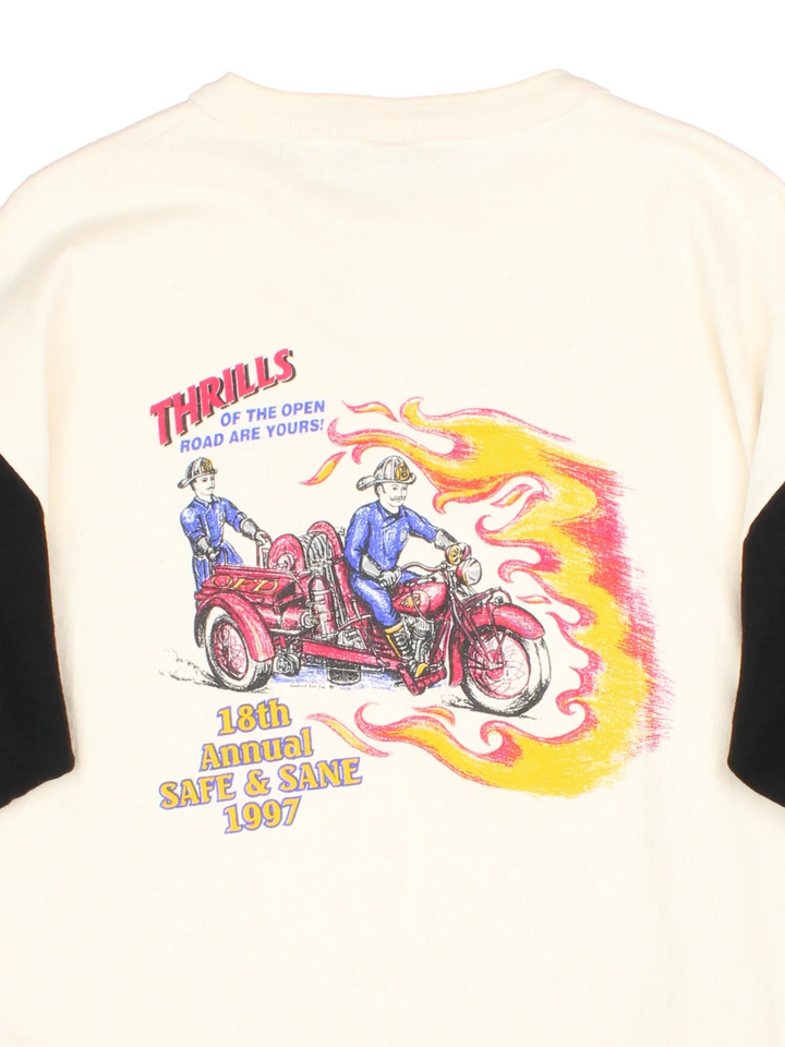 Vintage Oakland Riders Fire Dept T-Shirt in a tan colourway with black panelling sleeves and button up front. Small printed logo on the front and large graphic on the back.