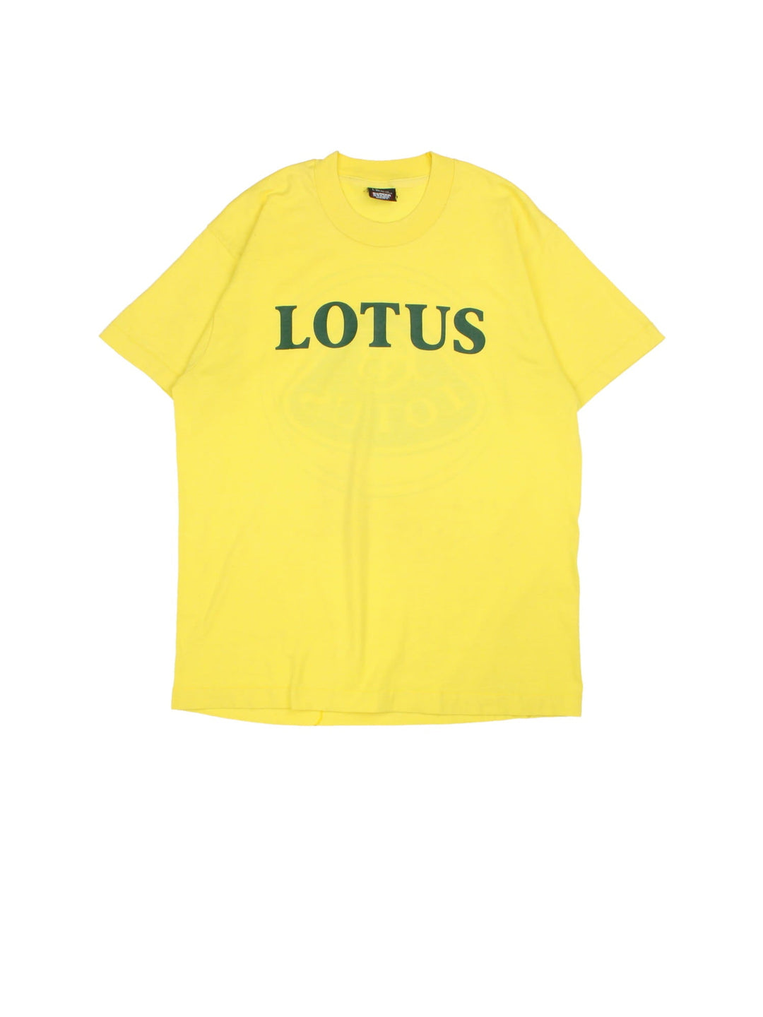 Vintage 90's Lotus Car Logo T-Shirt in a yellow colourway with the spell out printed on the front and graphic the back.