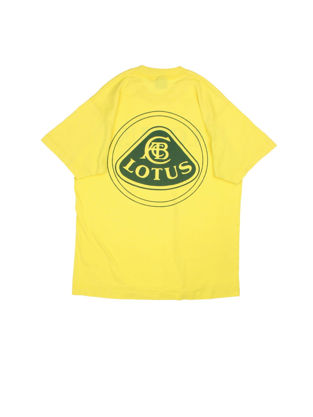 Vintage 90's Lotus Car Logo T-Shirt in a yellow colourway with the spell out printed on the front and graphic the back.
