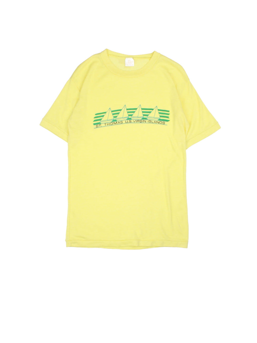 Vintage 90's Virgin Island Graphic T-Shirt in a yellow colourway with the spell out and boat graphic printed on the front.