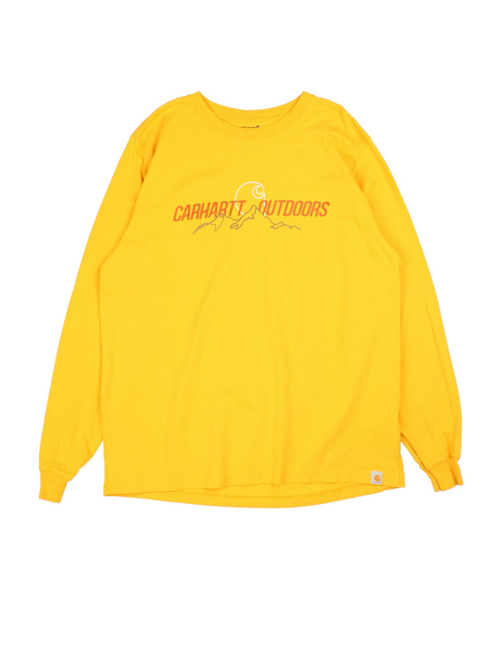 Carhartt Outdoors Long Sleeve T-Shirt in a yellow colourway with the spell out logo printed across the front.