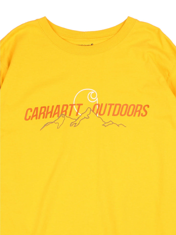 Carhartt Outdoors Long Sleeve T-Shirt in a yellow colourway with the spell out logo printed across the front.