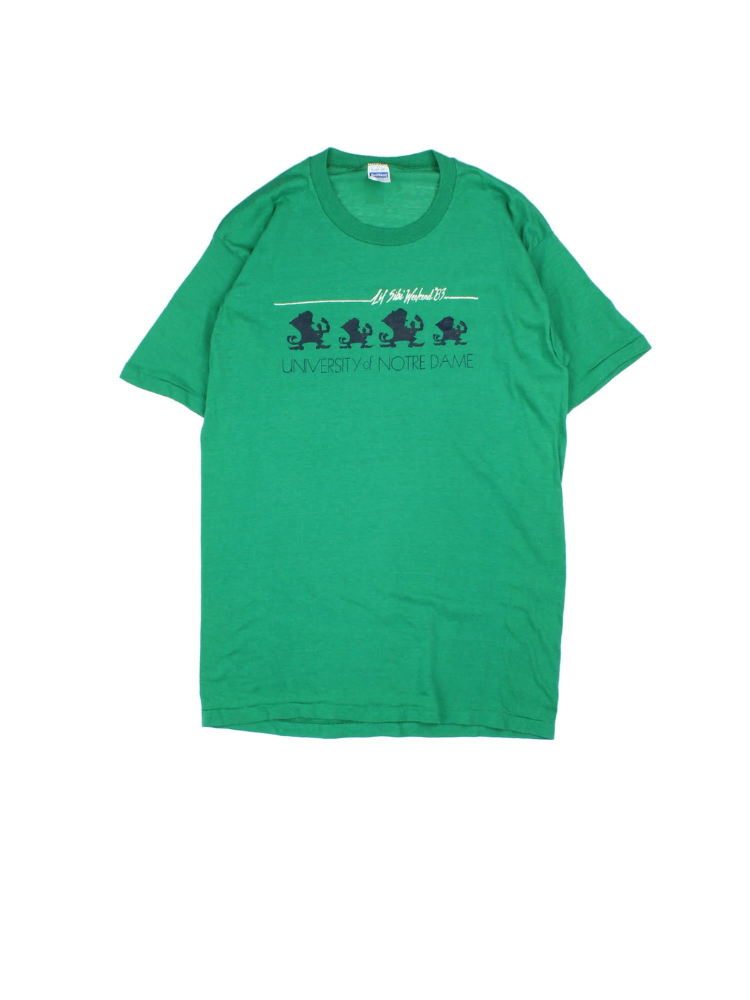 Vintage 80's University Of Notre Dame Graphic Single Stitch T-Shirt in a green colourway with the logo and spell out printed on the front.