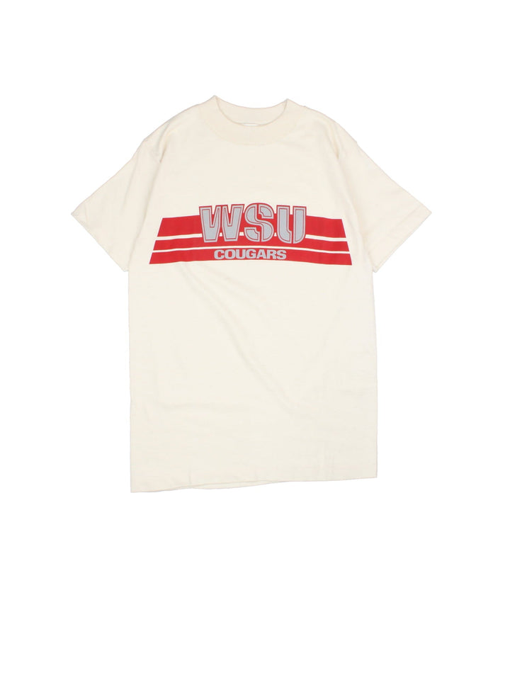 Vintage Washington State Cougars Graphic Single Stitch T-Shirt in a tan and red colourway with the logo printed across the front.