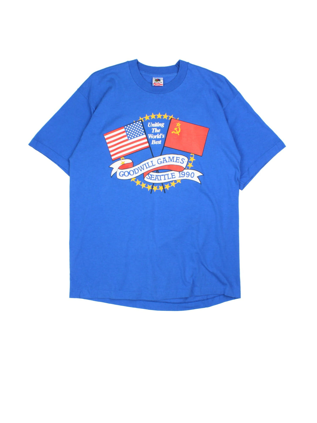 Vintage 1990 Goodwill Games Graphic Single Stitch T-Shirt in a blue colourway with puff print logo and graphic printed on the front.