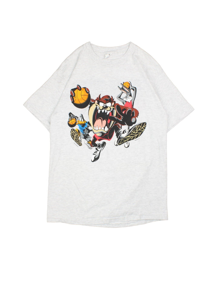 Vintage 1995 Looney Tunes Basketball 'No Whiners Allowed' Graphic Single Stitch T-Shirt in a grey colourway with cartoon characters printed on the front and spell out on the back.