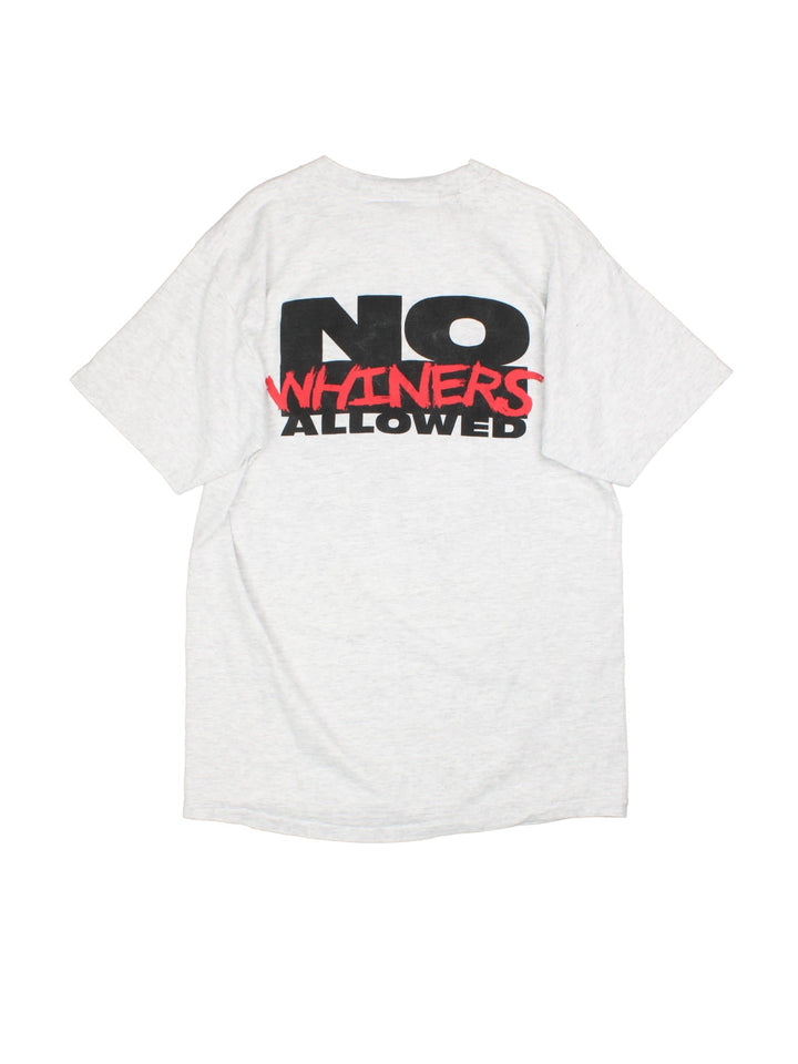Vintage 1995 Looney Tunes Basketball 'No Whiners Allowed' Graphic Single Stitch T-Shirt in a grey colourway with cartoon characters printed on the front and spell out on the back.