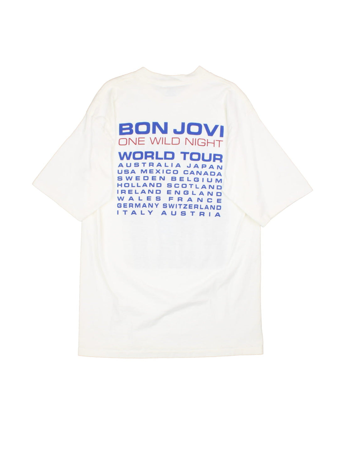 Vintage 2001 Bon Jovi One Wild Night World Tour T-Shirt in a white colourway with the band graphic print on the front and spell out and tour dated printed on the back.