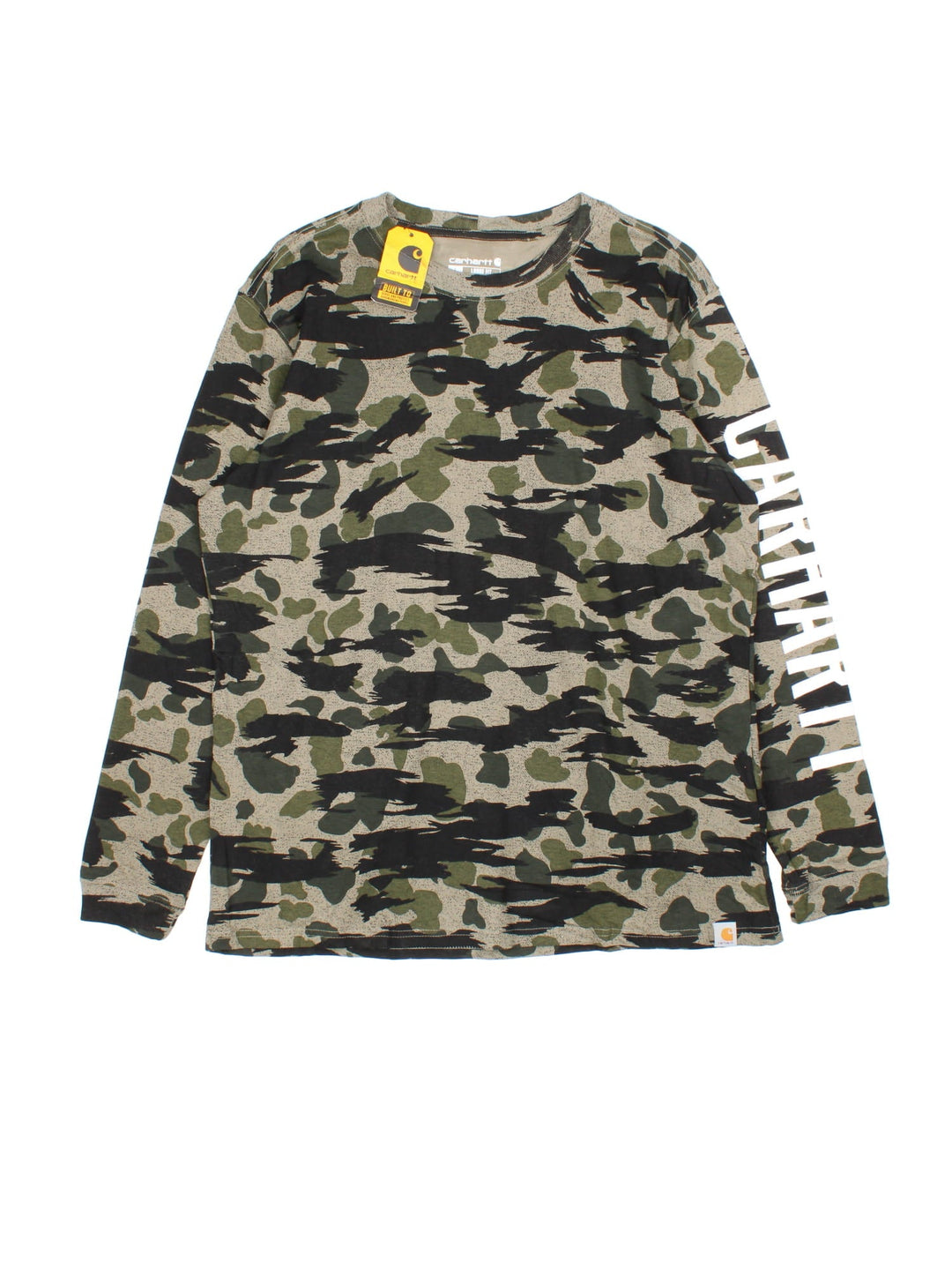 Vintage Carhartt Camo Long Sleeve Top in a green colourway, with the logo printed down left arm.