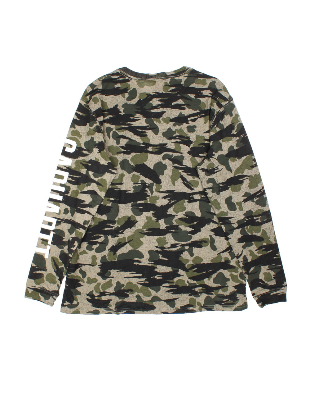 Vintage Carhartt Camo Long Sleeve Top in a green colourway, with the logo printed down left arm.