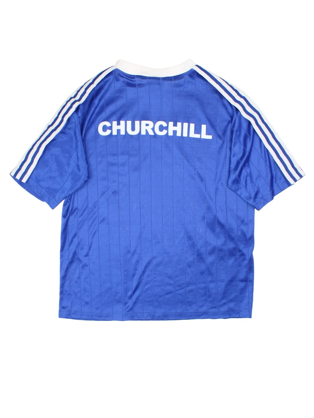 80's Adidas Training Football Top in a blue colourway with the classic 3 stripe along the sleeves and churchill branding on the back.