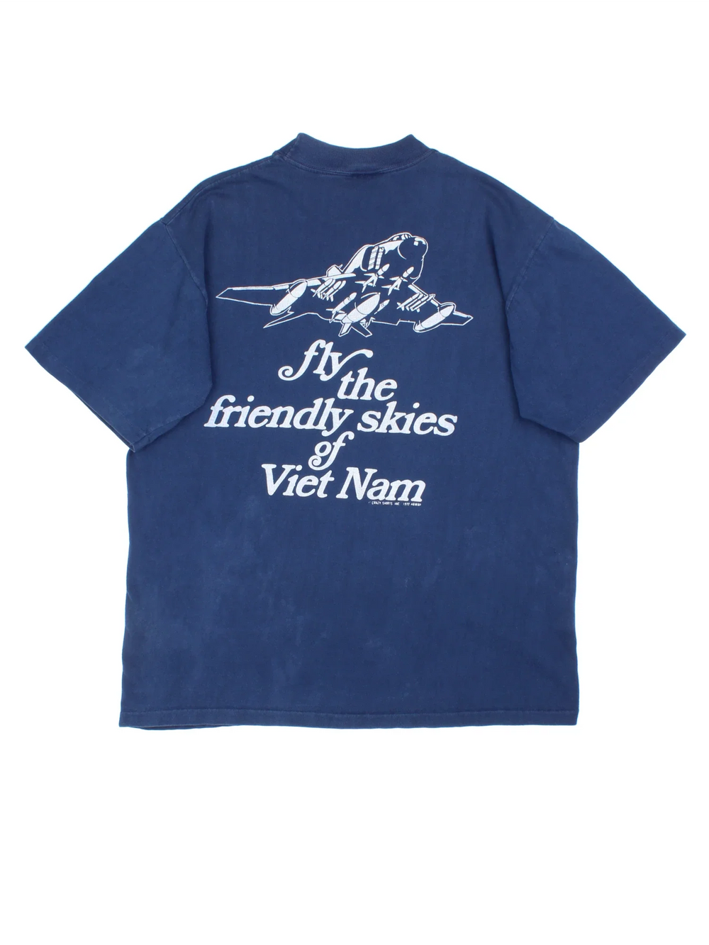 Vintage 1977 Vietnam Aviation T-Shirt in a blue colourway with fly the skies graphic printed on the back.
