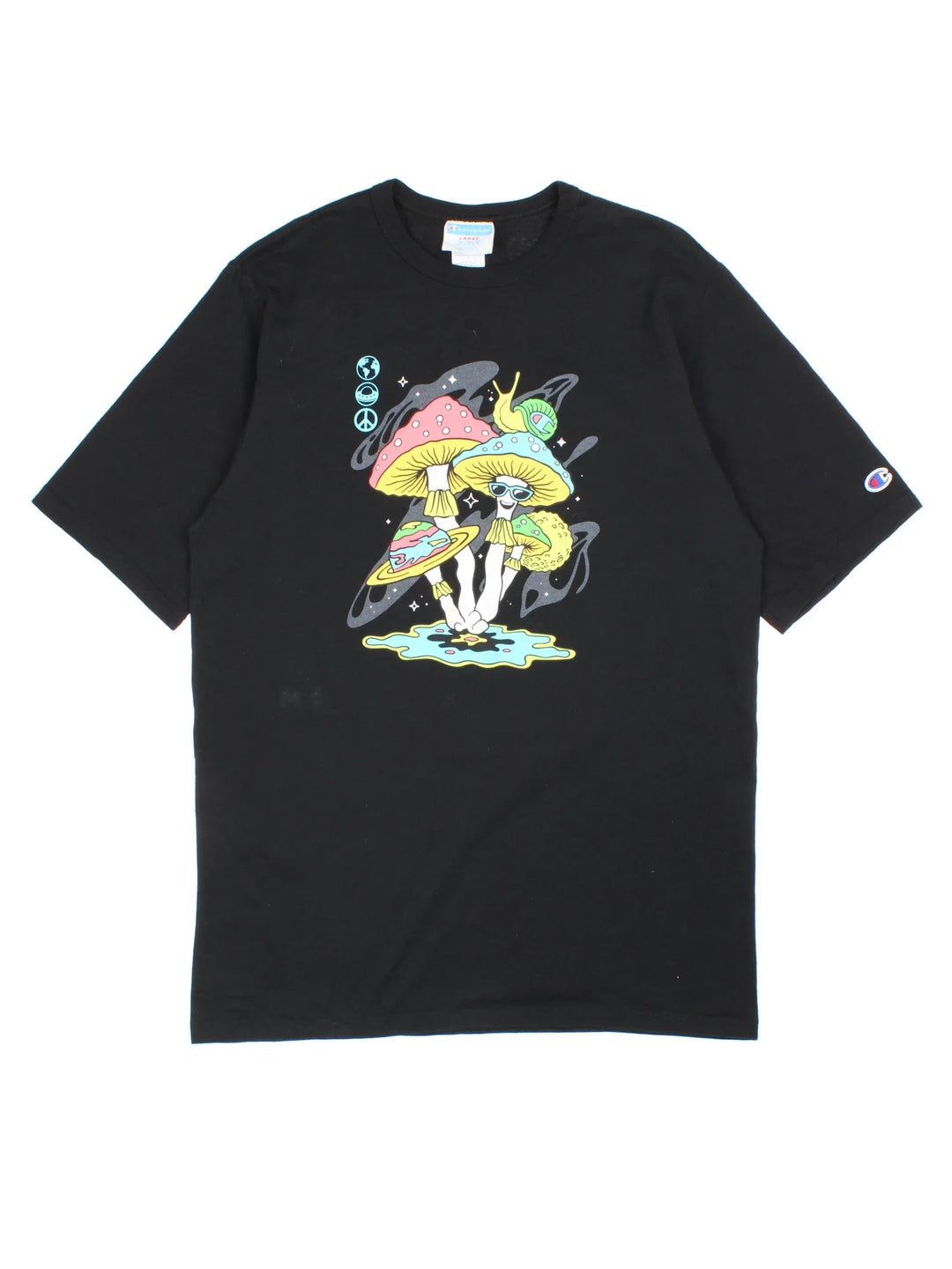 Champion Mushroom Graphic T-Shirt in a black colourway with large graphic on the front and small classic logo on the sleeve.