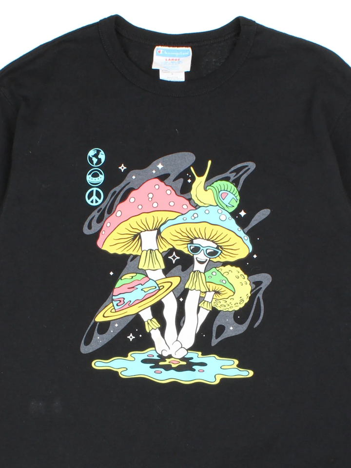 Champion Mushroom Graphic T-Shirt in a black colourway with large graphic on the front and small classic logo on the sleeve.