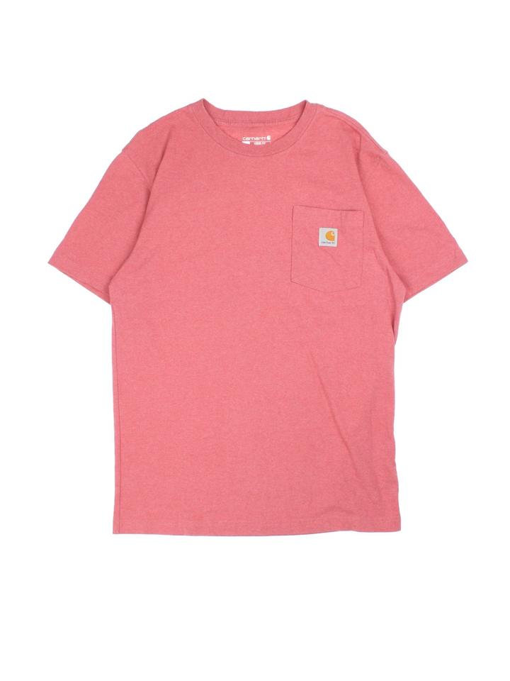 Carhartt T-Shirt in a pink colourway and has a chest pocket with the logo embroidered on the front.
