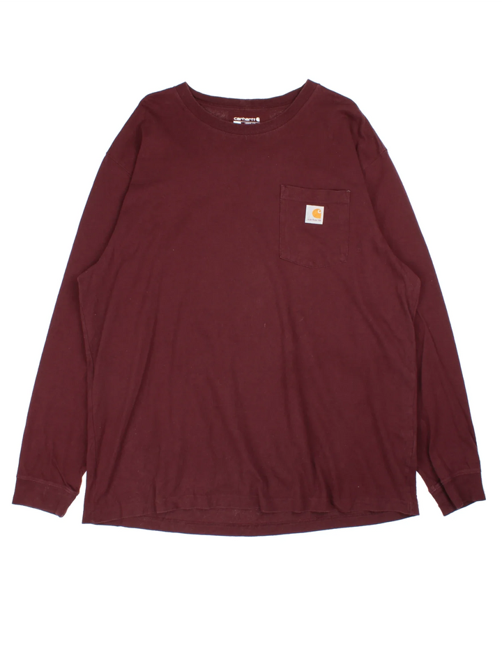 Carhartt Long Sleeve T-Shirt in a burgundy red colourway and has a chest pocket with the logo embroidered on the front.