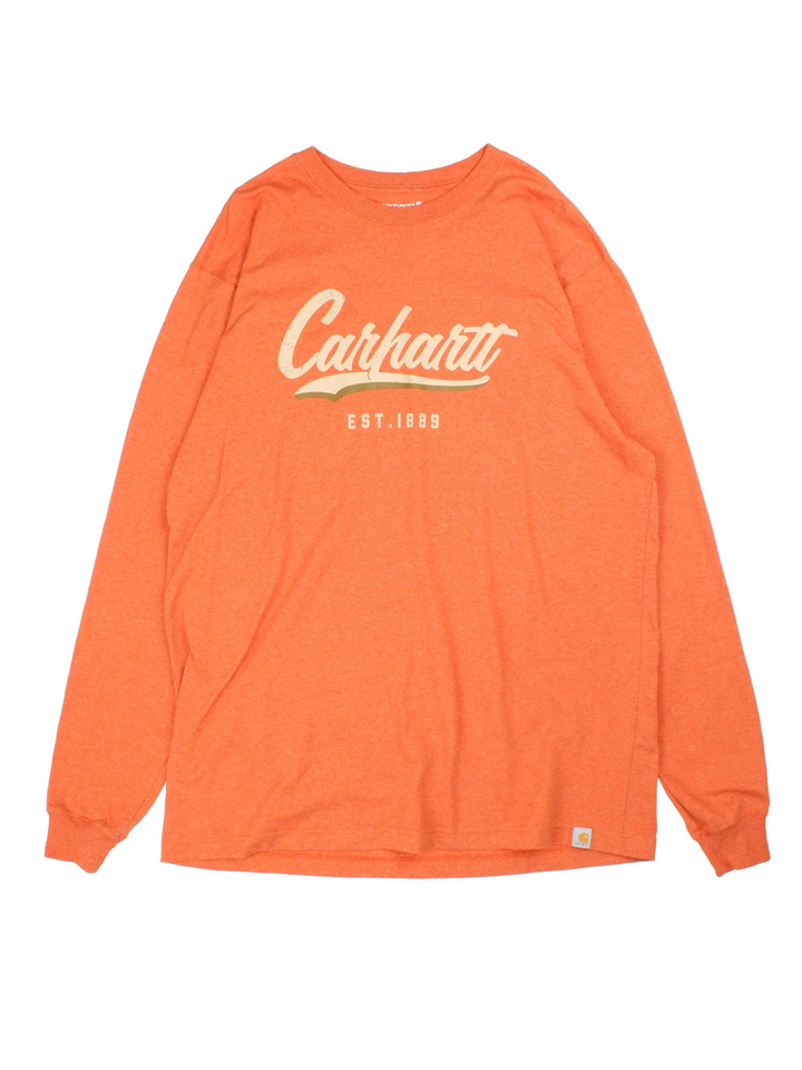 Carhartt Long Sleeve T-Shirt in a orange colourway with the spell out logo printed across the front.