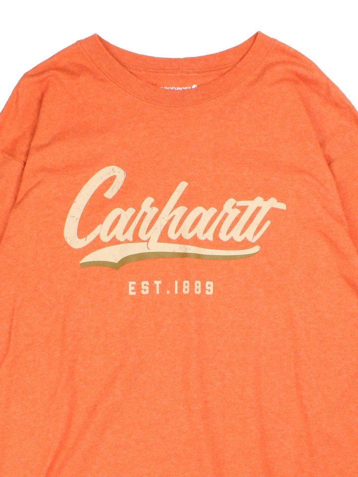 Carhartt Long Sleeve T-Shirt in a orange colourway with the spell out logo printed across the front.
