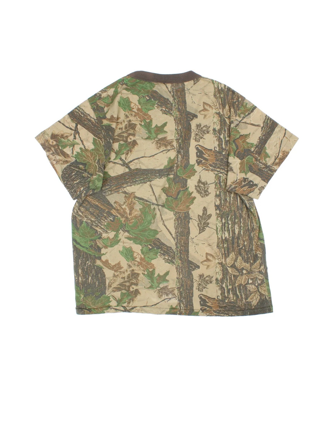 Vintage Real Tree Camo Single Stitch T-Shirt in a green and brown colourway and has a chest pocket on the front.