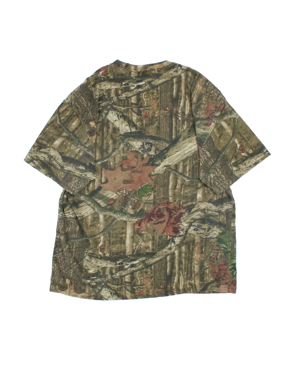 Vintage Russell Athletic Outdoors Camo T-Shirt in a green and brown colourway and has a chest pocket on the front.