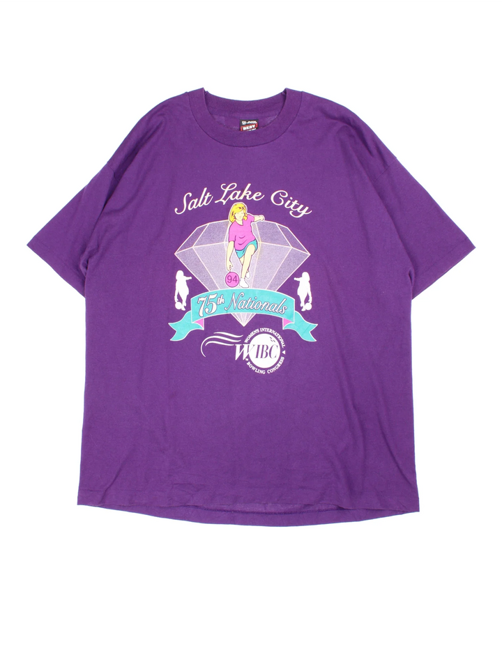 Vintage 1994 Women's International Bowling Graphic Single Stitch T-Shirt in a purple colourway with the spell out and graphic printed on the front.