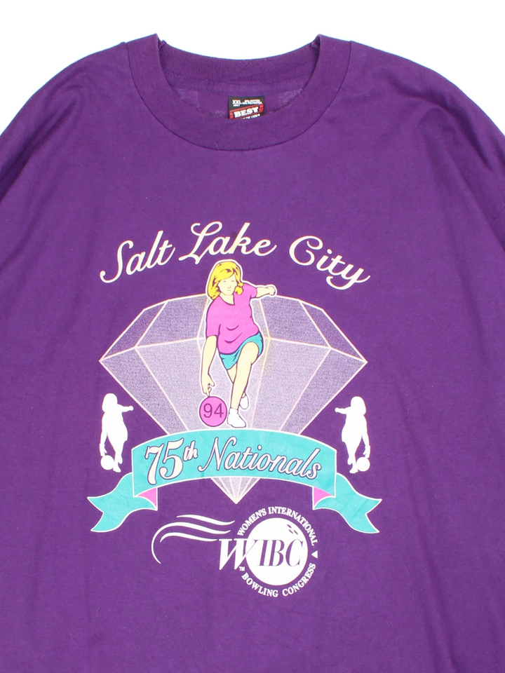 Vintage 1994 Women's International Bowling Graphic Single Stitch T-Shirt in a purple colourway with the spell out and graphic printed on the front.