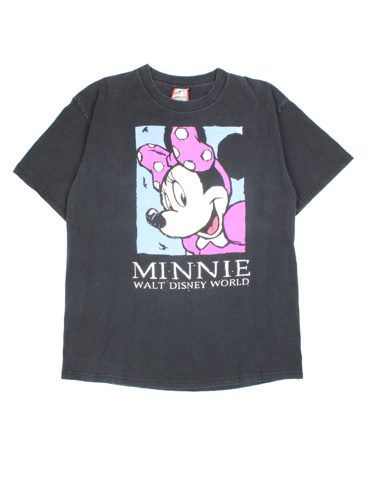 Vintage Disney Minnie Mouse Graphic T-Shirt in a black colourway with the spell out and character graphic on the front.