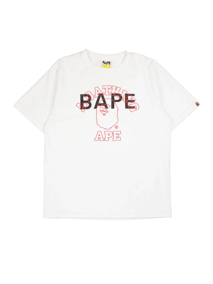 A Bathing Ape Bape T-Shirt in a white colourway with the logo and spell out printed  on the front.