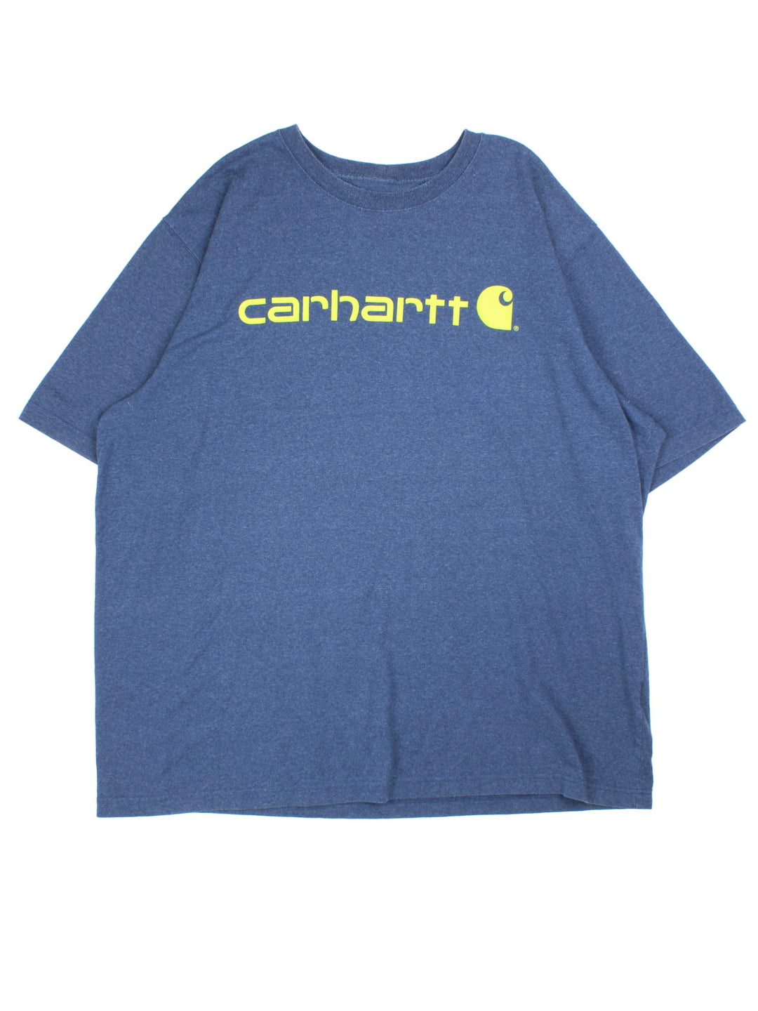 Carhartt T-Shirt in a blue colourway with large neon text logo across the front.