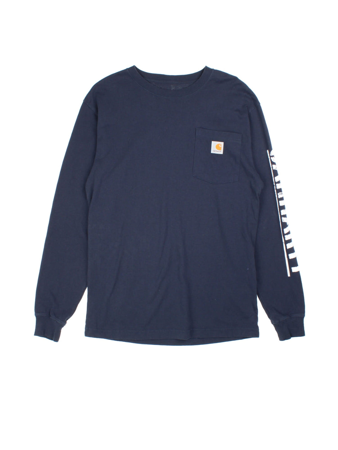 Carhartt T-Shirt in a blue colourway with pocket on the front and large logo along the sleeve.