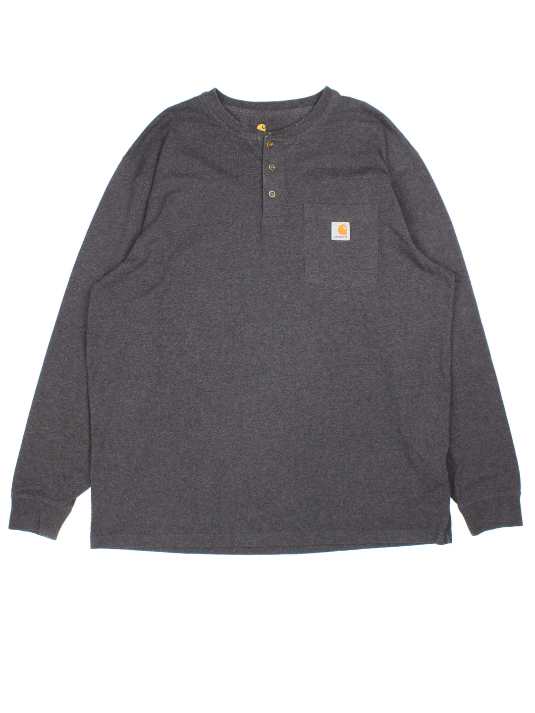 Carhartt Long Sleeve T-Shirt in a grey colourway. Button up with pocket on the front and small classic logo. 
