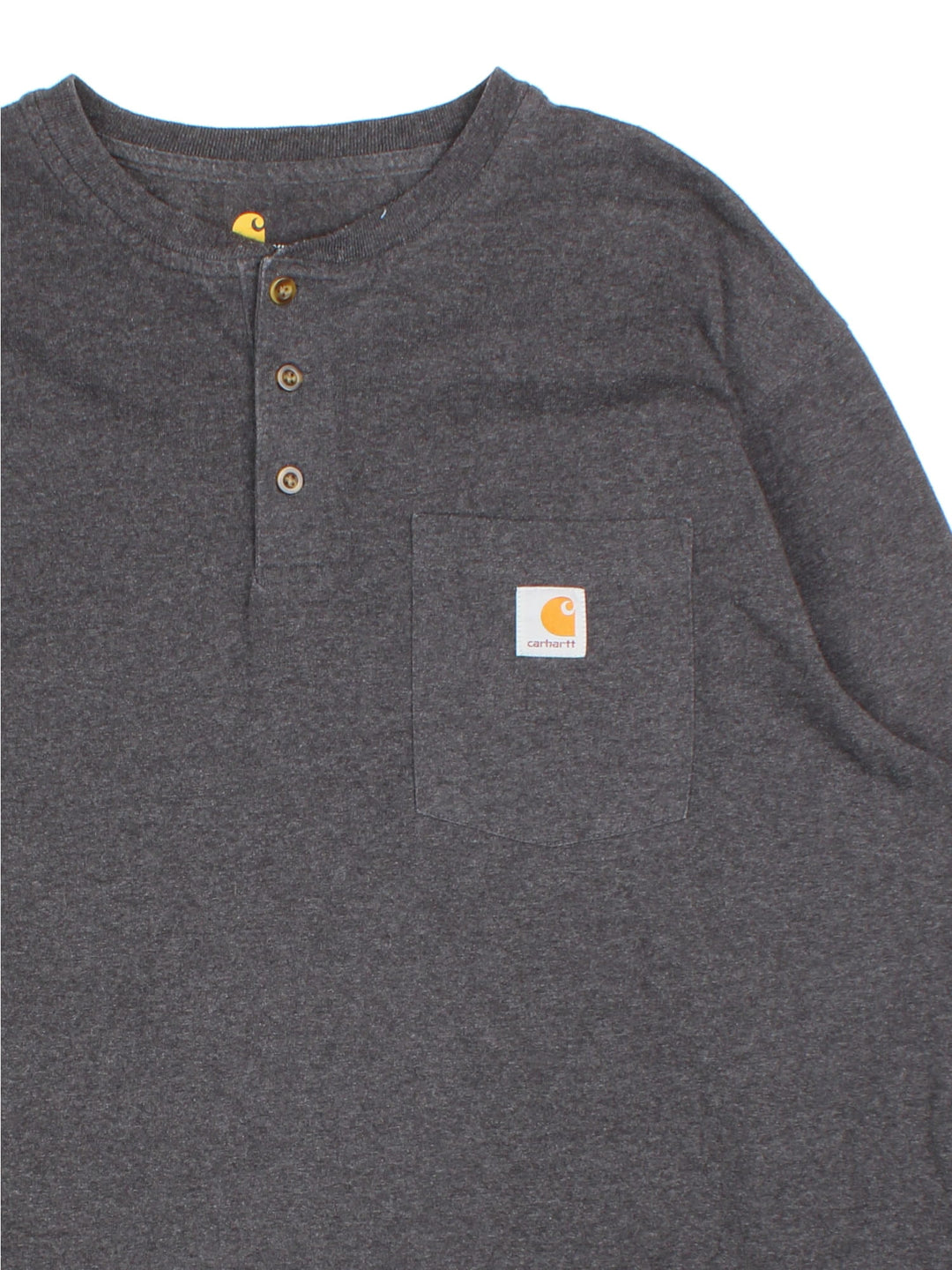 Carhartt Long Sleeve T-Shirt in a grey colourway. Button up with pocket on the front and small classic logo. 