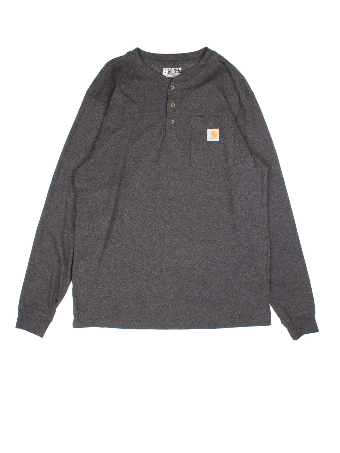 Carhartt Long Sleeve T-Shirt in a grey colourway. Button up with pocket on the front and small classic logo.