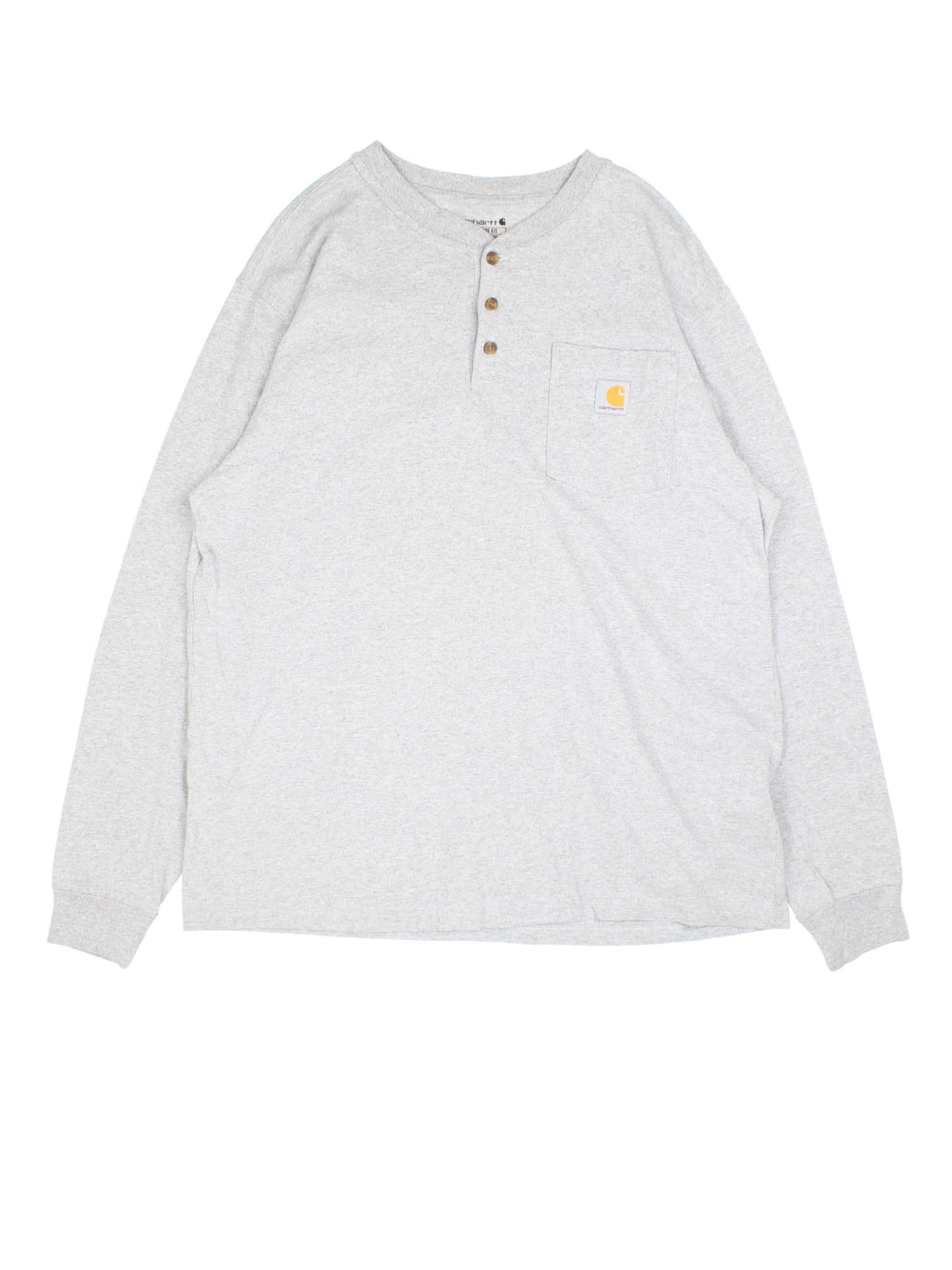 Carhartt Long Sleeve T-Shirt in a grey colourway. Button up with pocket and small classic logo on the front.