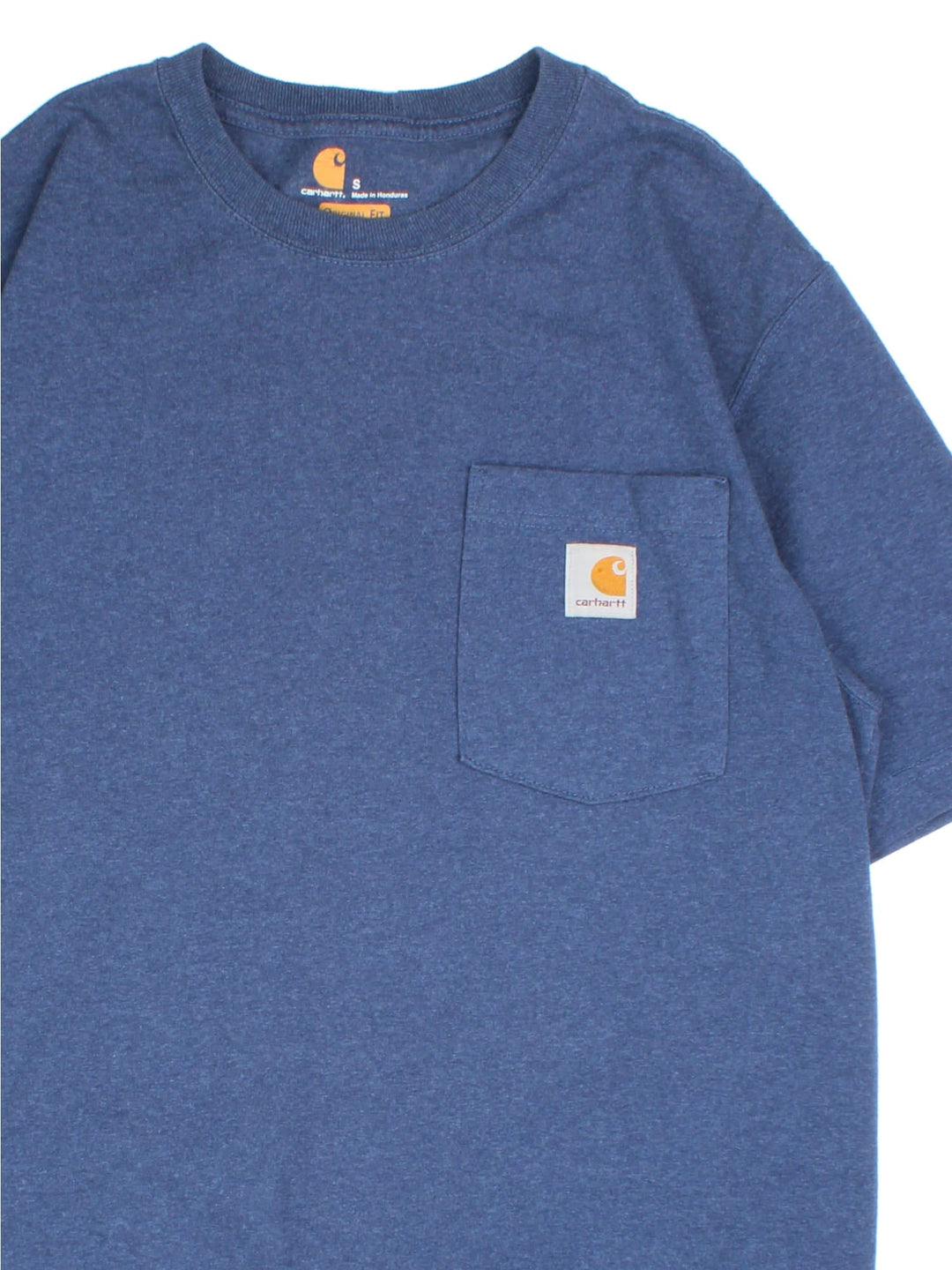 Carhartt T-Shirt in a blue colourway with pocket on the front and small classic logo on the front.
