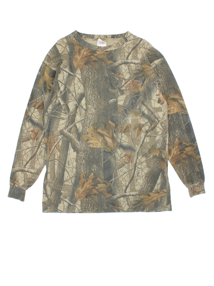 Real Tree Camo Long Sleeve T-Shirt in a green Camo all over colourway with classic front pocket