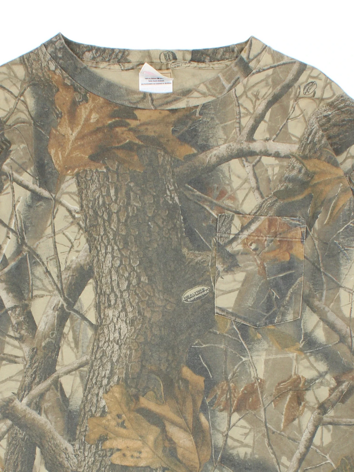 Real Tree Camo Long Sleeve T-Shirt in a green Camo all over colourway with classic front pocket