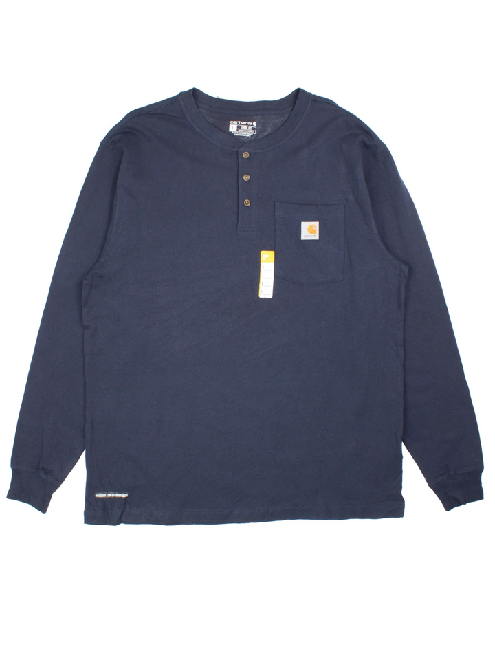 Carhartt Long Sleeve T-Shirt in a blue colourway with button up front and small classic logo on the front pocket