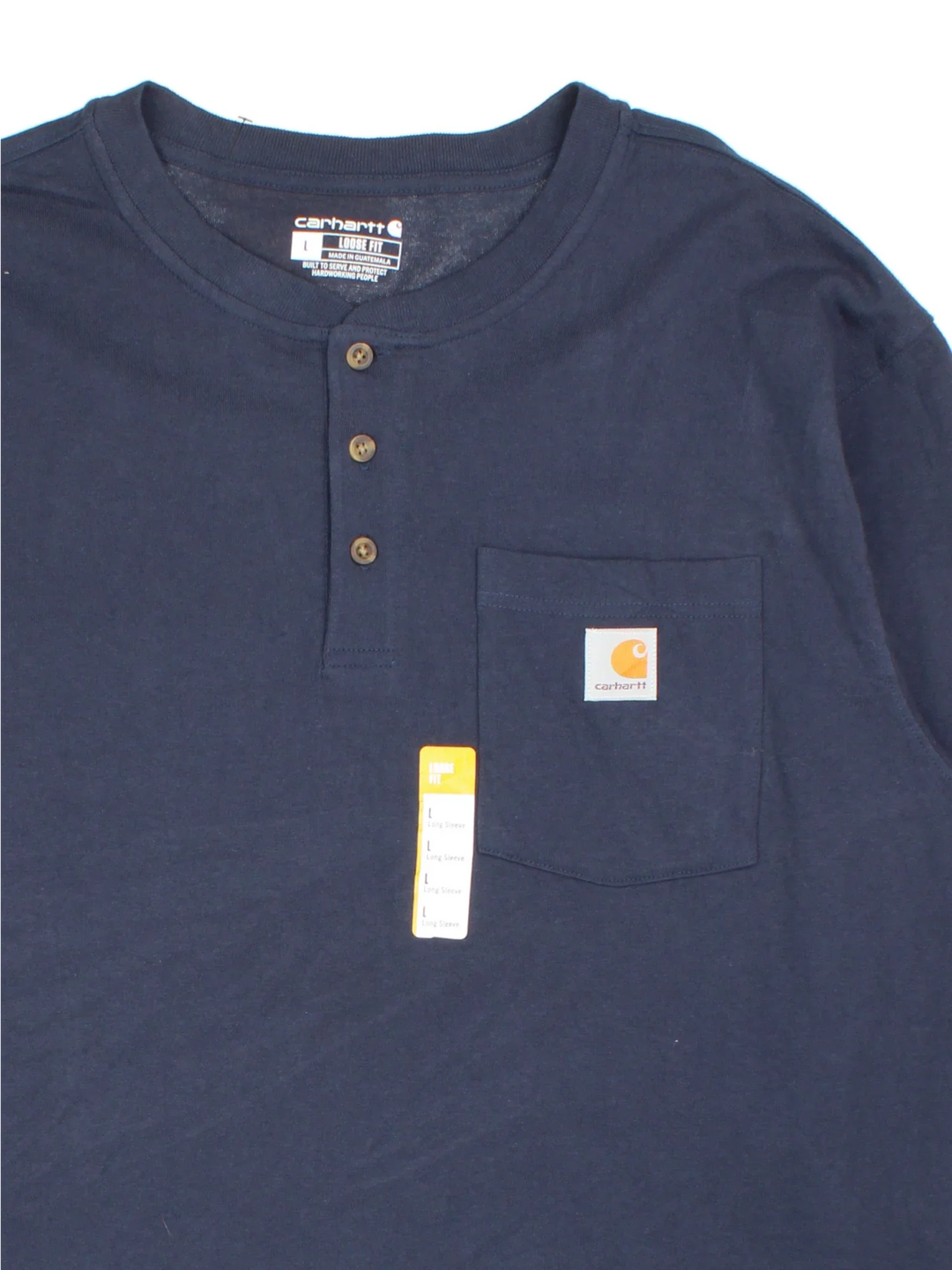 Carhartt Long Sleeve T-Shirt in a blue colourway with button up front and small classic logo on the front pocket